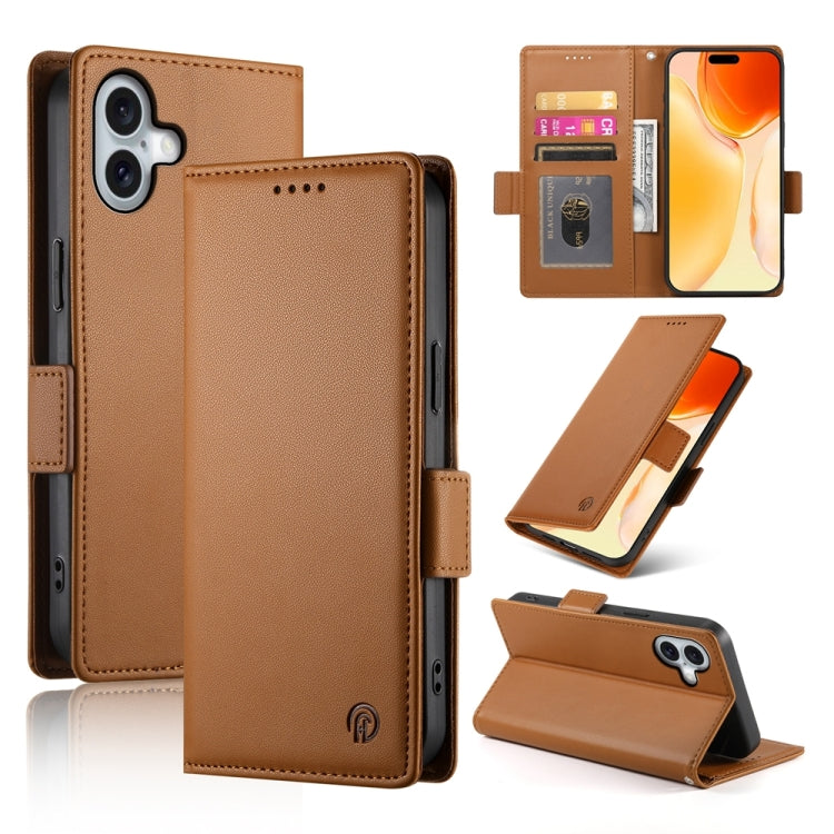 Apple iPhone 16 Plus Side Buckle Magnetic Frosted Leather Phone Case Cover (Brown)