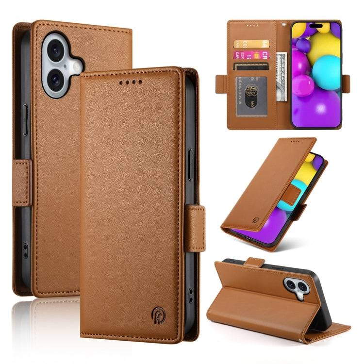 Apple iPhone 16 Side Buckle Magnetic Frosted Leather Phone Case Cover (Brown)