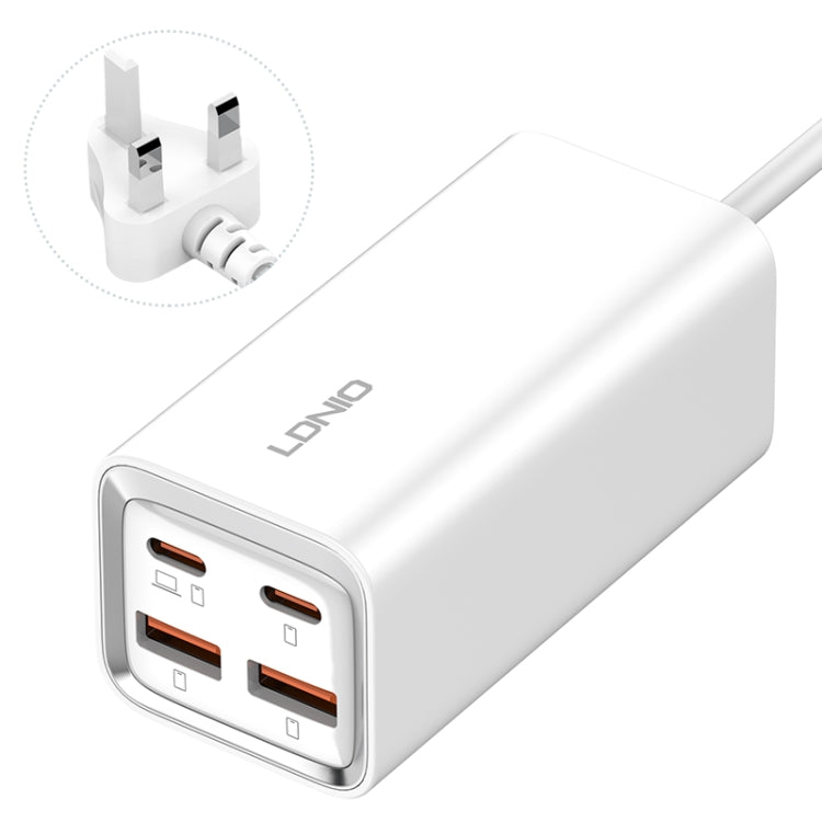 LDNIO PD65W Dual USB-C / Type-C + Dual USB Fast Charger, Cable Length: 1.5m, Plug Type:UK Plug (White)