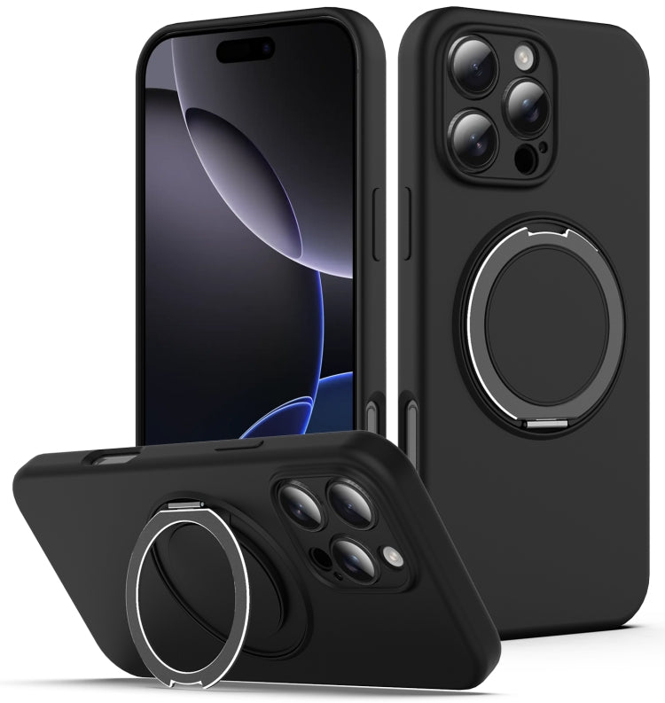 Apple iPhone 16 Pro Liquid Silicone MagSafe Phone Case with Rotating Holder (Black)