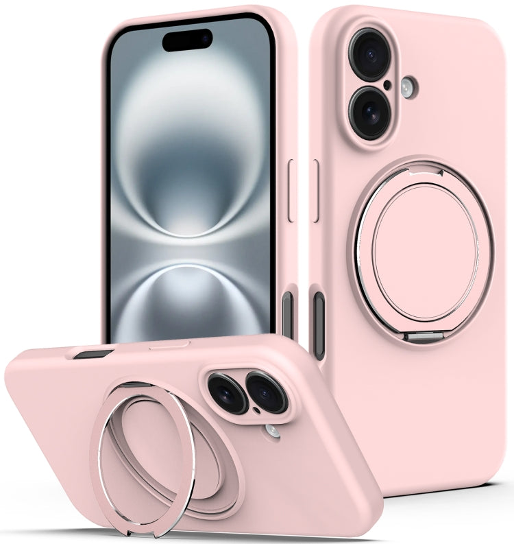 Apple iPhone 16 Liquid Silicone MagSafe Phone Case with Rotating Holder (Pink)
