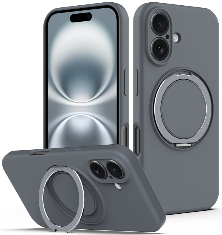 Apple iPhone 16 Liquid Silicone MagSafe Phone Case with Rotating Holder (Grey)