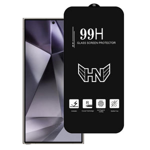 Glass screen protector with HN logo and specifications on a white background