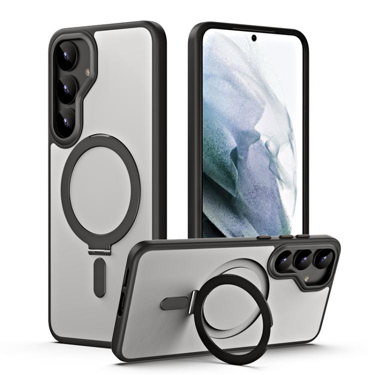 Samsung Galaxy S25+ 5G MagSafe Airbag Shockproof Frosted Phone Case Cover with Fold Holder (Black)