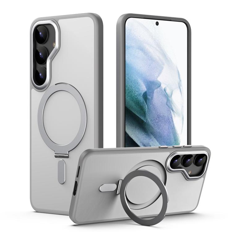 Samsung Galaxy S25+ 5G MagSafe Airbag Shockproof Frosted Phone Case Cover with Fold Holder (Grey)
