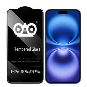 Tempered glass screen protector for a smartphone with brand logo and product details.