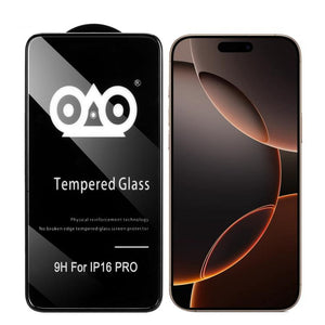 Tempered glass screen protector for an iPhone 16 Pro with OJO branding.