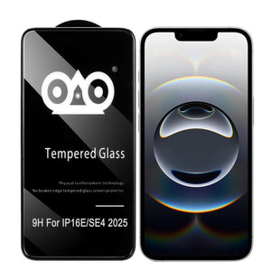 Tempered glass screen protector for a smartphone with brand logo and product details.
