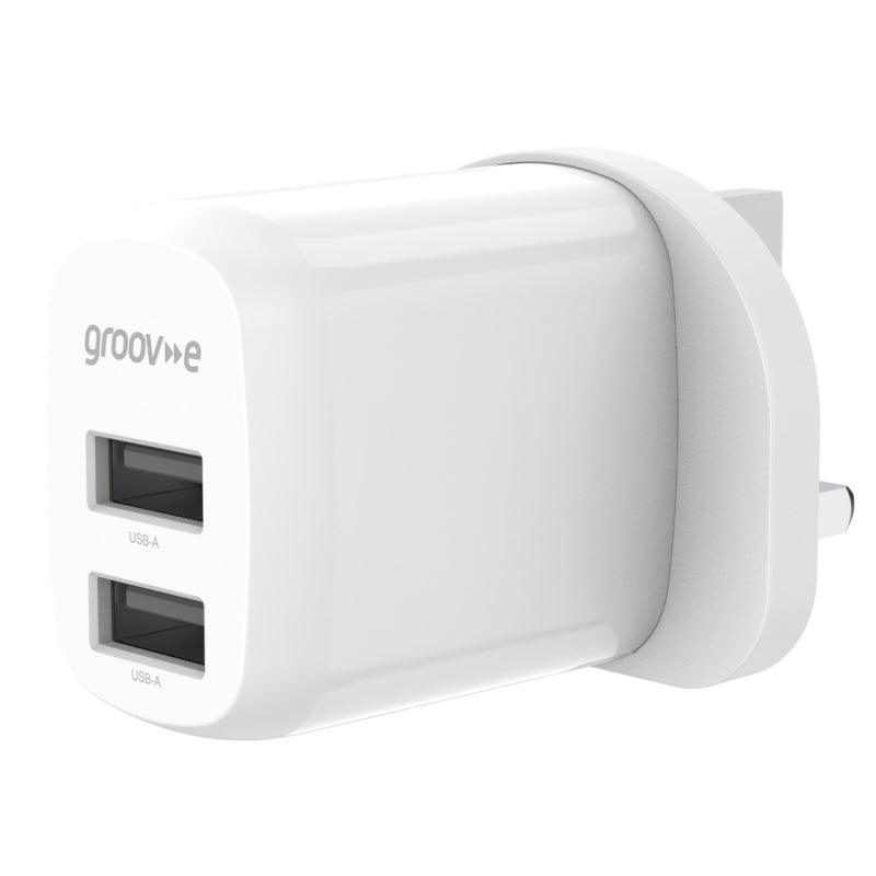 Groov-e Dual USB-A 12W Wall Charger - White