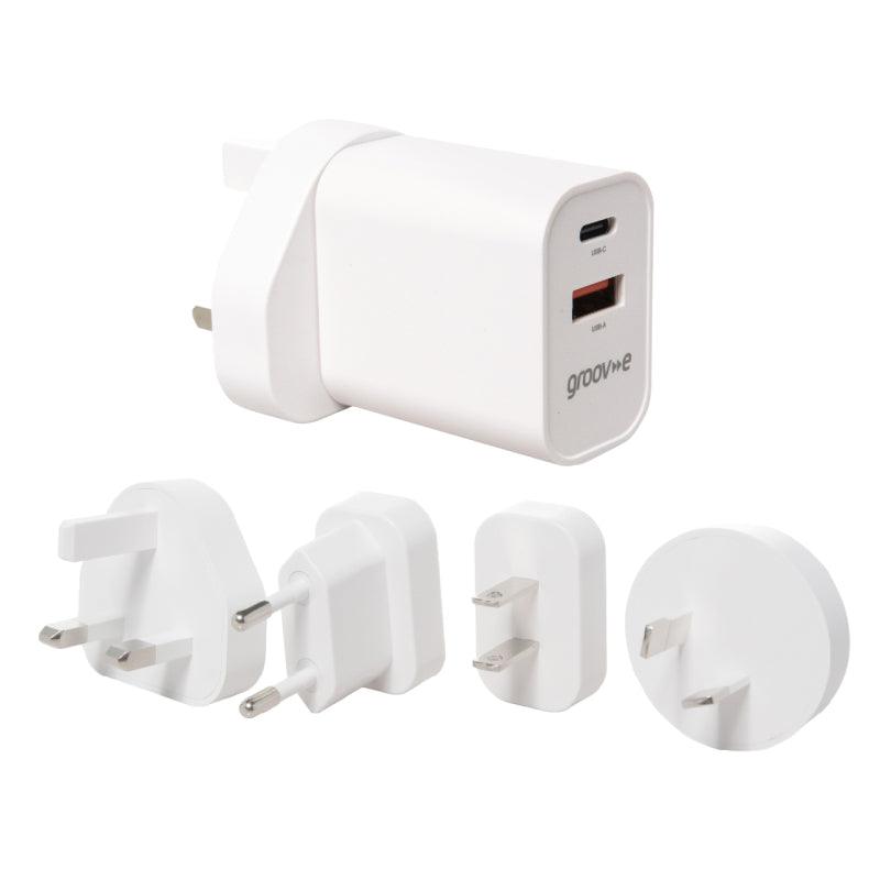 Groov-e USB-C & USB-A Mains Charger 20W with Worldwide Travel Adaptors - White