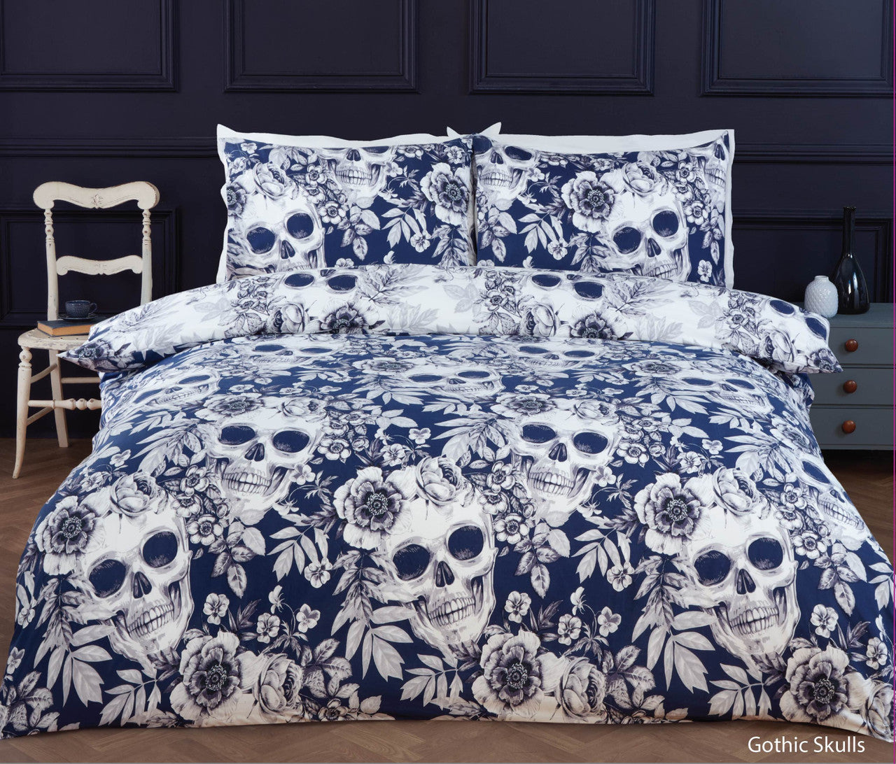 Gothic Skulls Duvet Set Single Navy