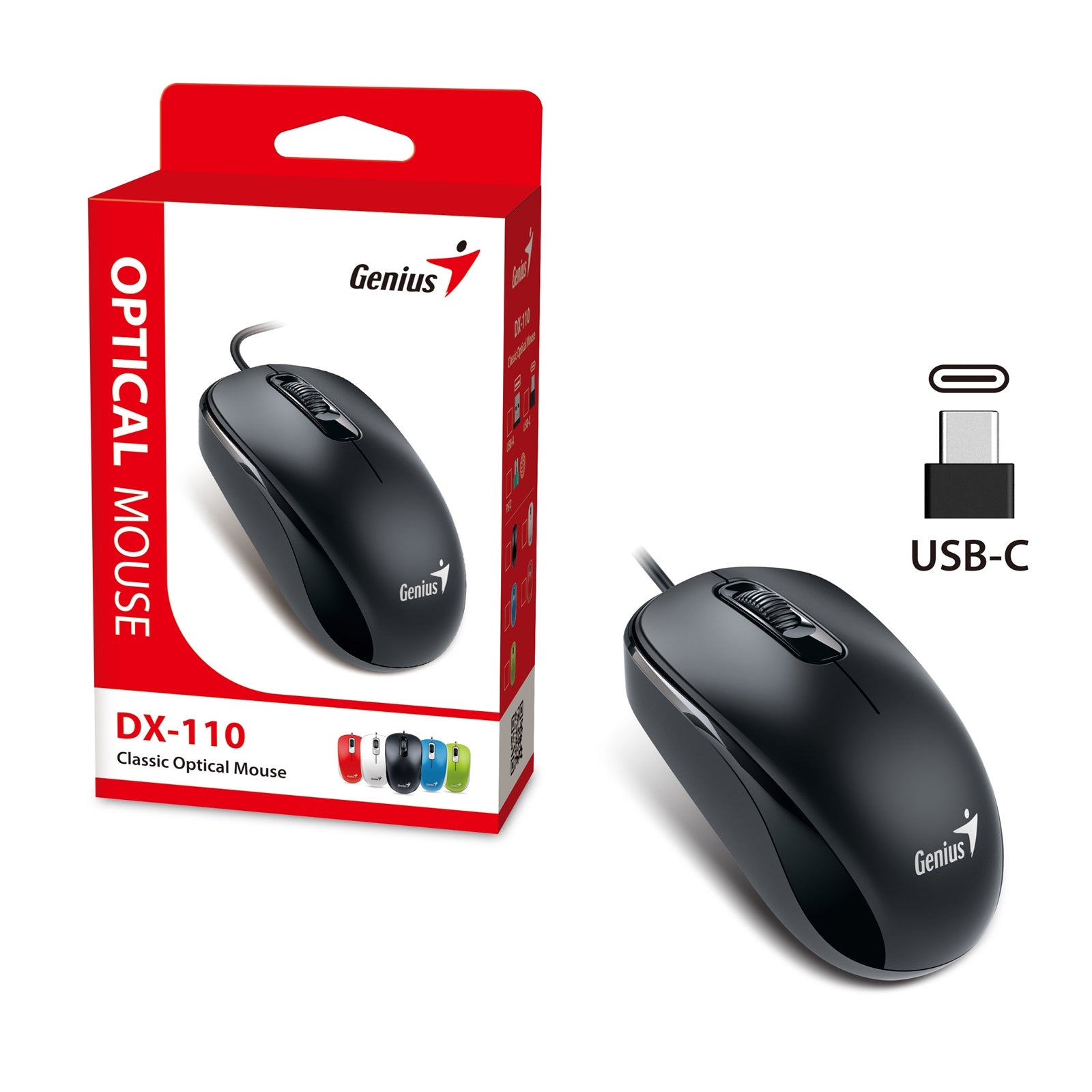 Genius Wired USB-Type C Plug and Play Mouse, 1000 DPI Optical Tracking, 3 Button with Scroll Wheel, Ambidextrous Design with 1.5m Cable, Black