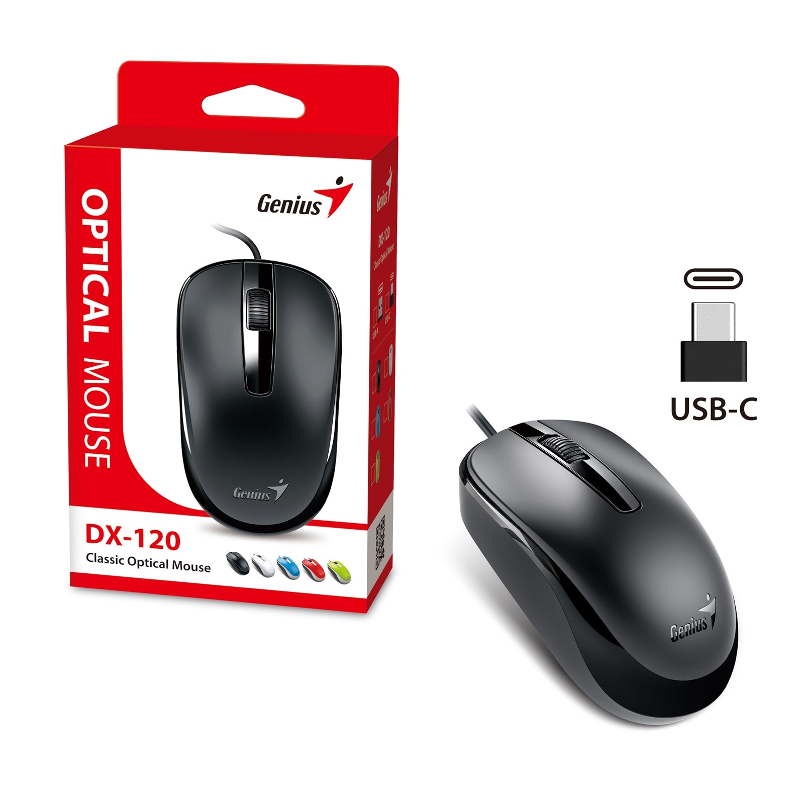 Genius Wired USB Type-C Plug and Play Mouse, 1200 DPI Optical Tracking, 3 Button with Scroll Wheel, Ambidextrous Design with 1.5m Cable, Black