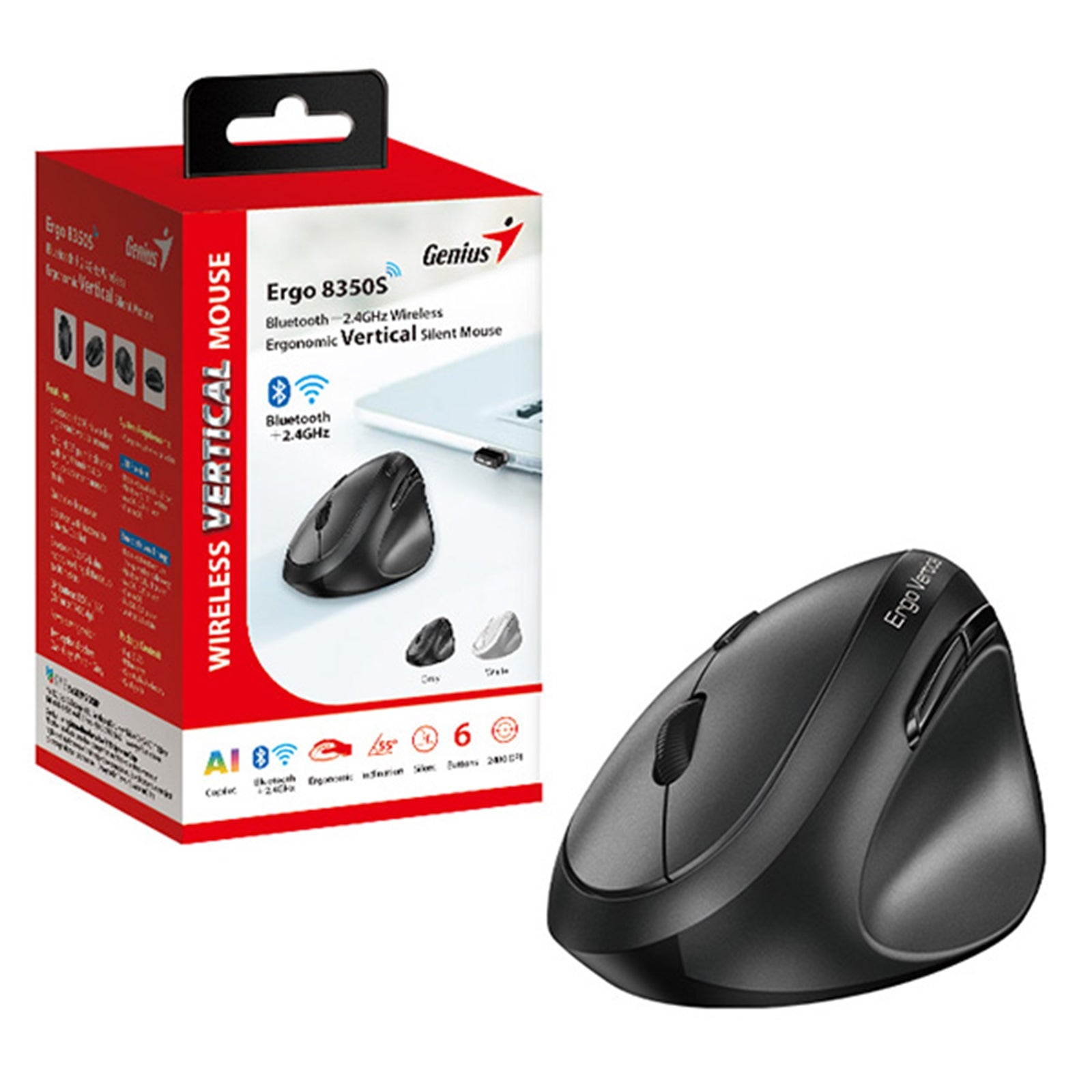Genius Ergo Wireless Ergonomic Vertical Mouse, Blutooth & 2.4 GHz, Adjustable DPI levels up to 2400 DPI, 5 Button with Scroll Wheel, Dark Grey