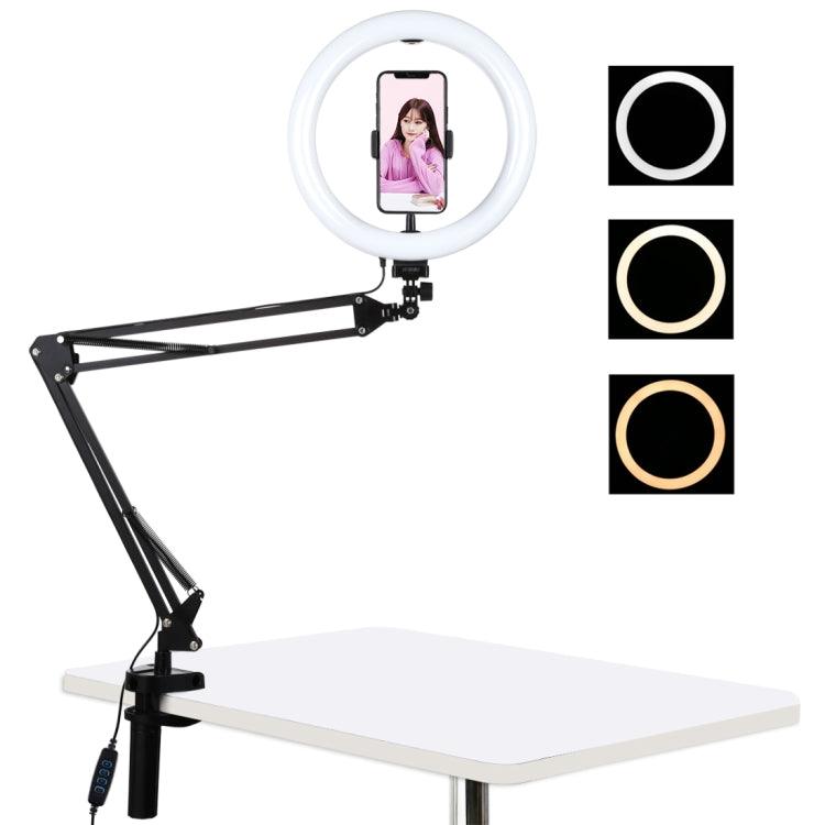 10.2 inch 26cm Ring Curved Light + Desktop Arm Stand USB 3 Modes Dimmable Dual Color Temperature LED Vlogging Selfie Photography Video Lights with Phone Clamp (Black)