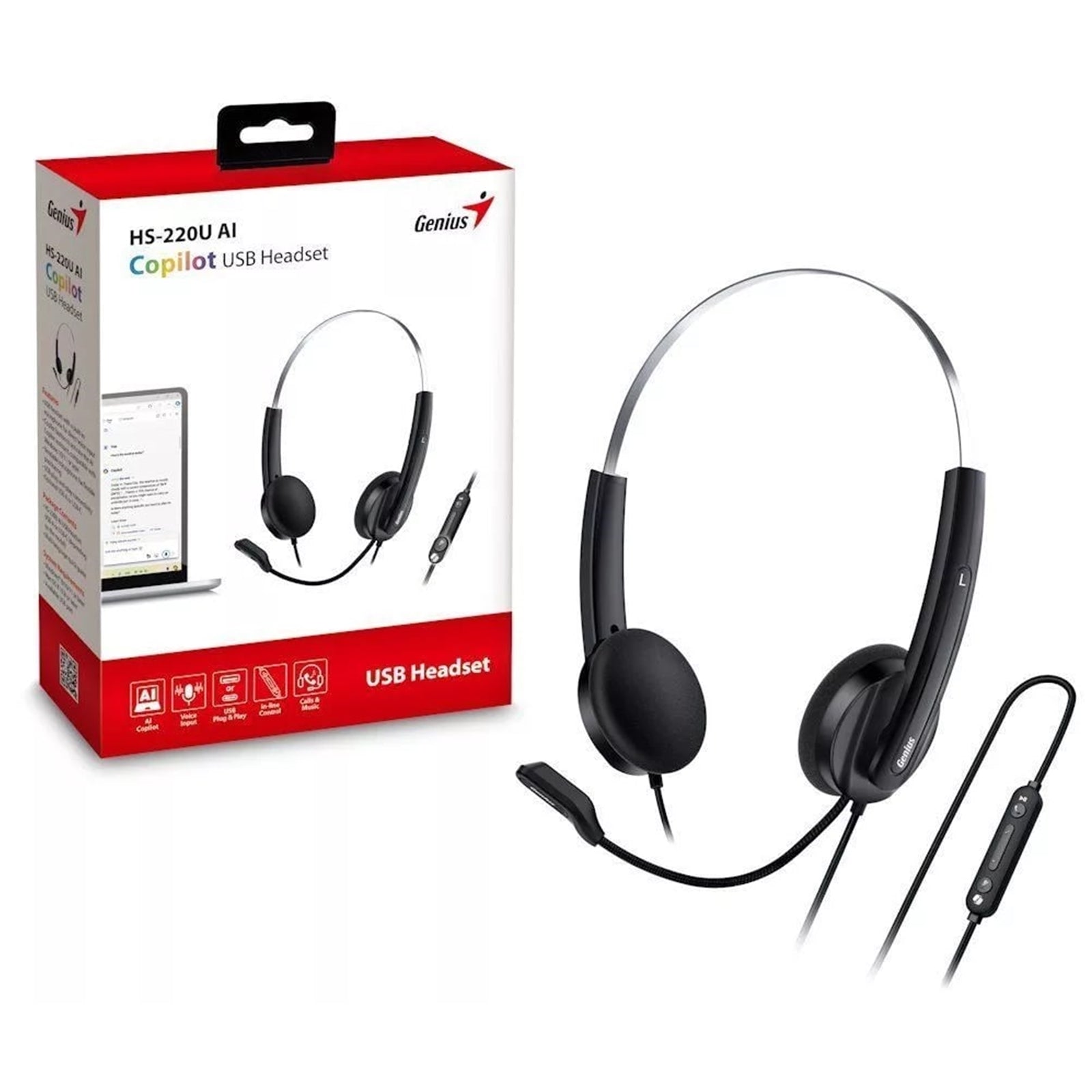 GeniusCopilot AI Ultra Lightweight Headset with Mic, USB-C Connection, Plug and Play, Adjustable Headband and microphone with In-line Volume Control, Black