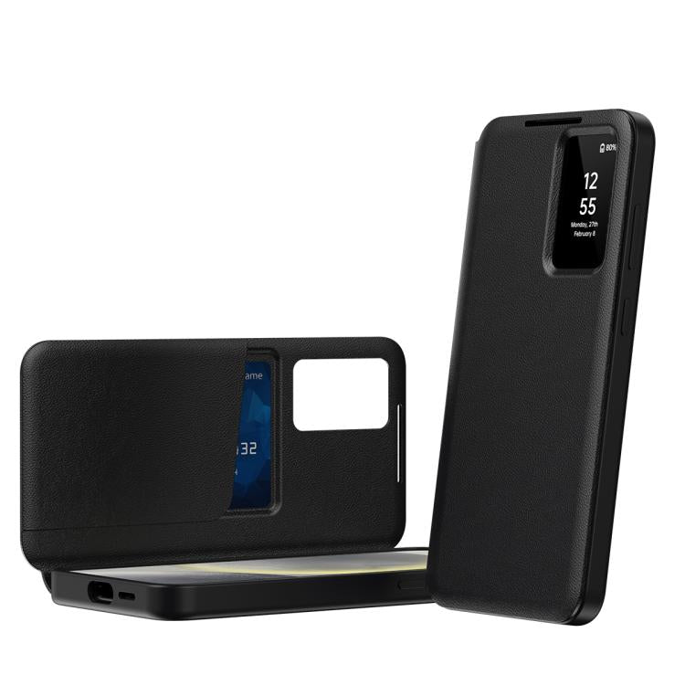 Samsung Galaxy S25 Ultra 5G Smart View Window Leather Phone Case Cover with Card Slot (Black)