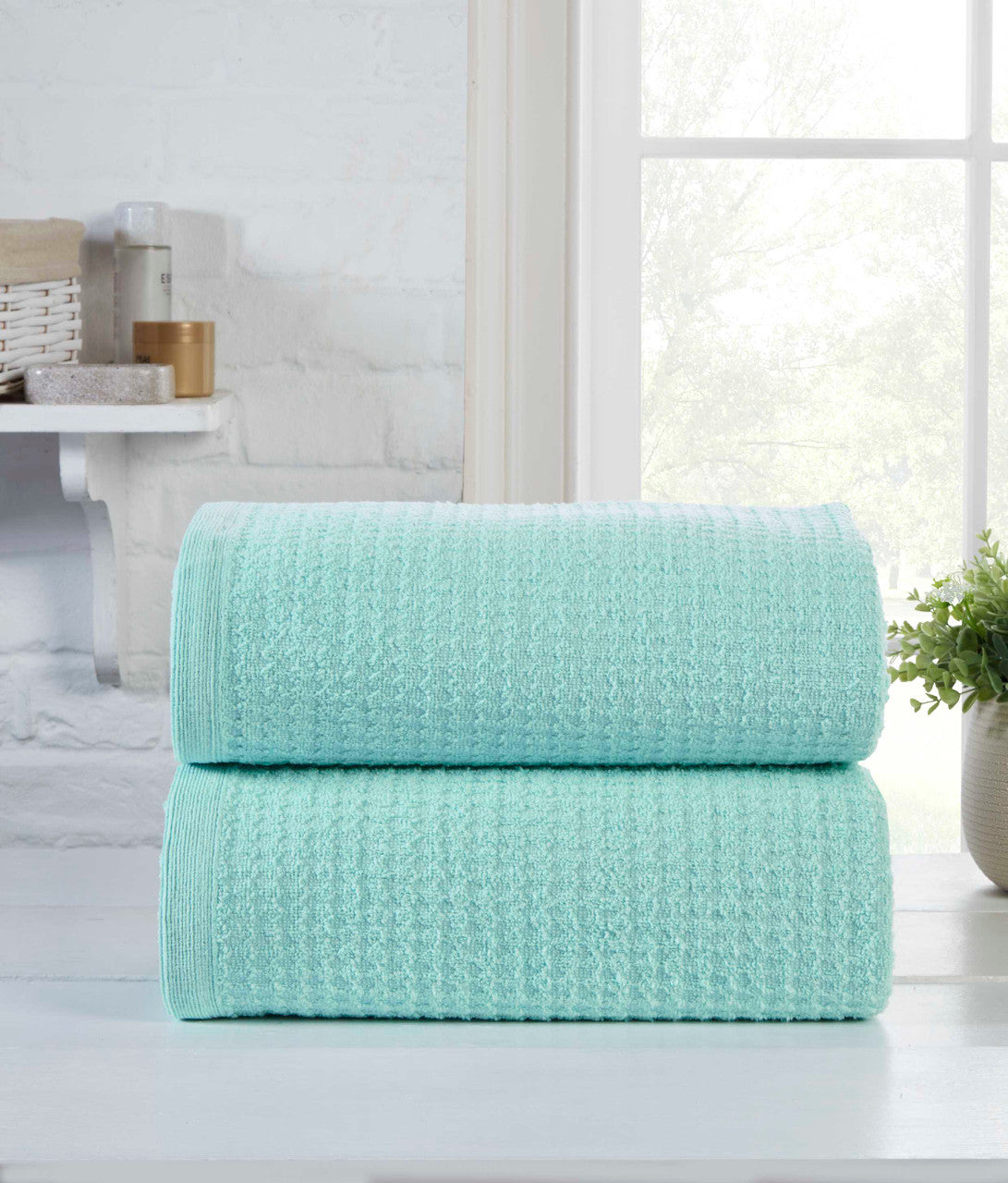 Waffle Texture 2pc Bathroom Towel Bale 100% Cotton, Bath Sheet (90x140cm) - Duck Egg