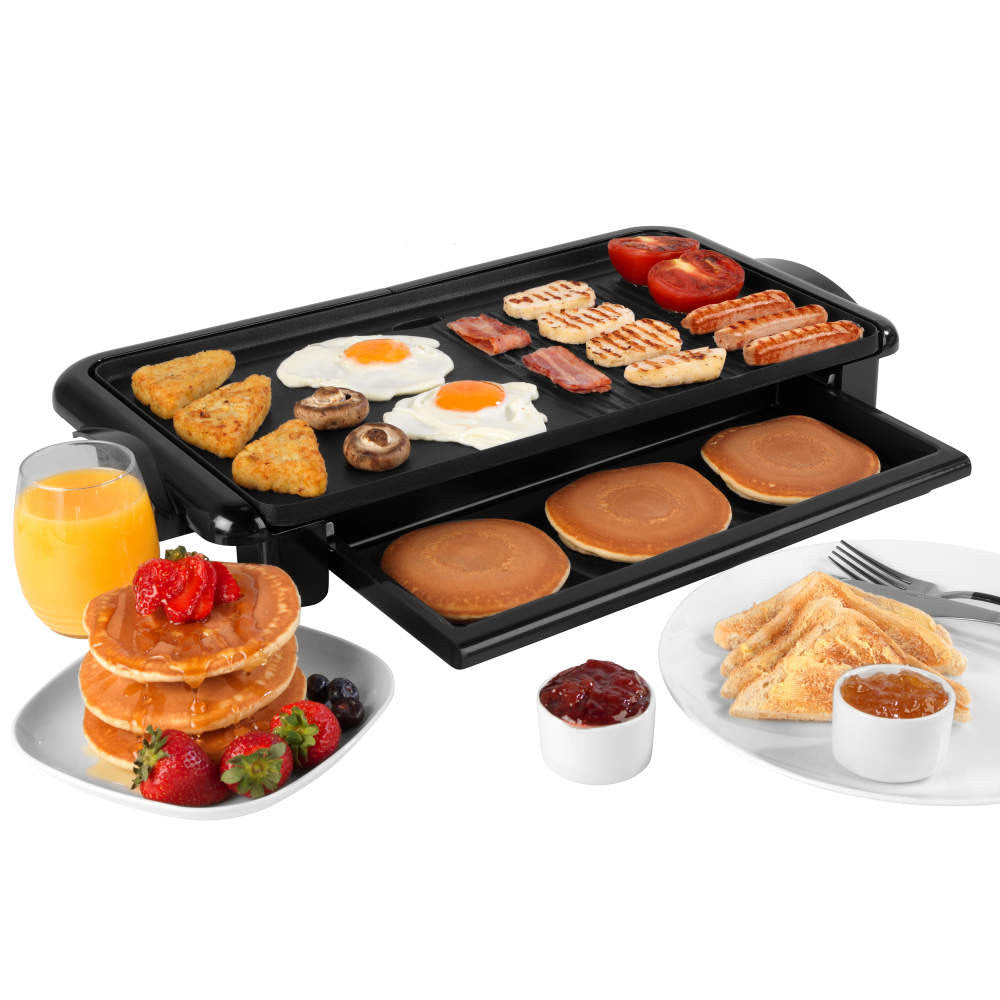 Salter Electric Health Grill - Indoor Family Grill With Warming Tray Food Server, Non-Stick Flat & Griddle Plate, Detachable Temperature Control, Removable Drip Tray, Table Top Cooking, 2000W