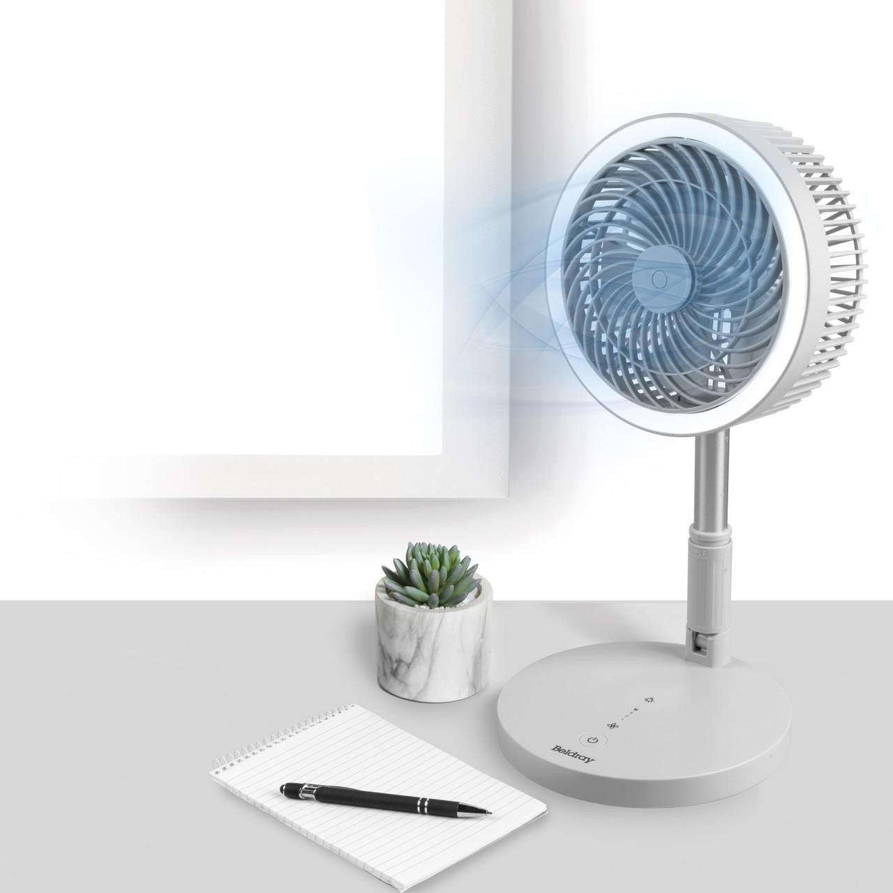 Beldray Foldaway Stand Fan - USB Rechargeable, Lightweight, Folding Portable Desk & Fan, 97cm Adjustable Height, Cordless, 3 Speed Modes, LED Ring Light, For Camping, Home, Office, Grey