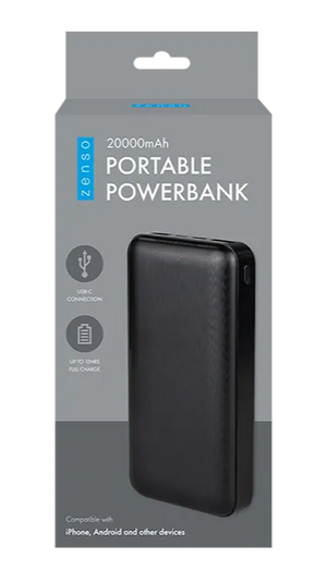 Black portable power bank in packaging with brand logo on a white background