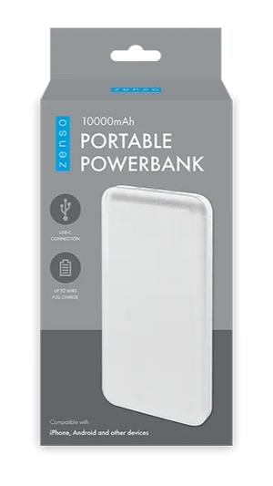 Packaging of a portable power bank with a white power bank inside on a gray background