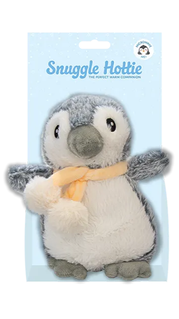 Plush penguin toy with a yellow scarf in packaging labeled 'Snuggle Hottie'.