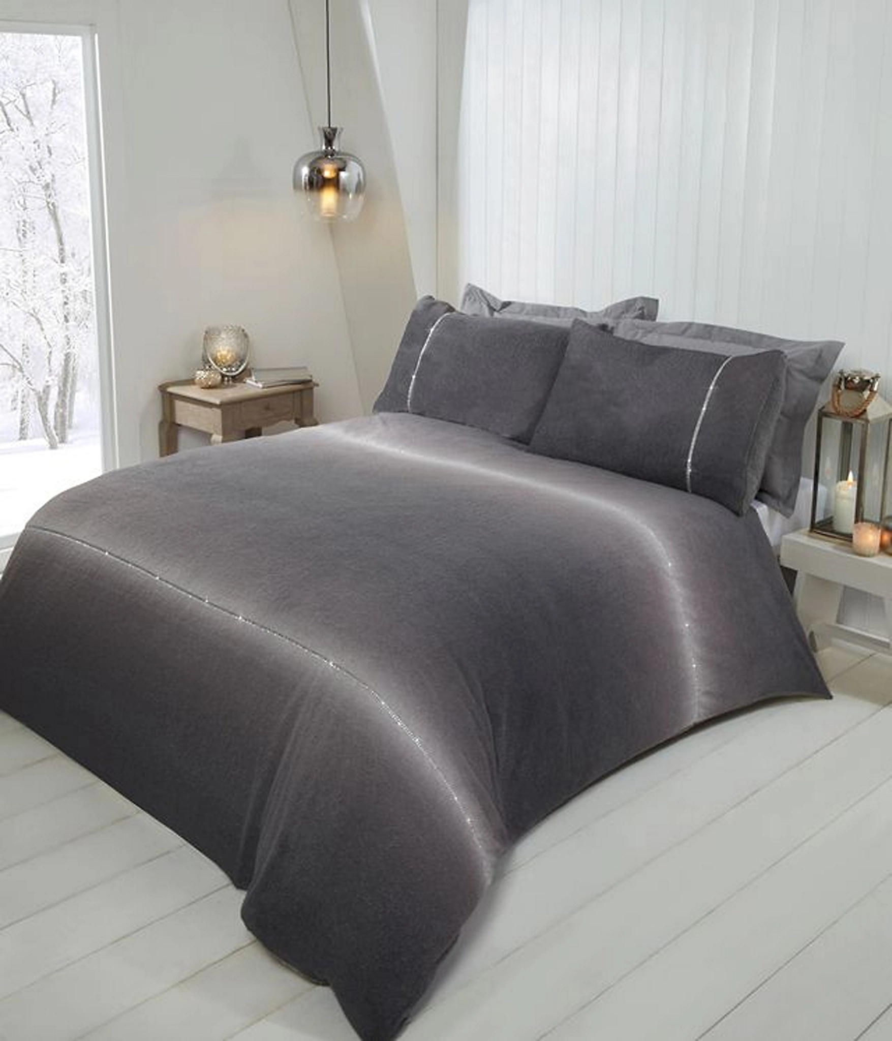 Diamante Teddy Polyester Duvet Set With Pillowcase Single Grey