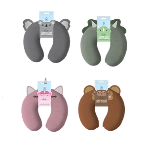 Four animal-shaped neck pillows in gray, green, pink, and brown with tags on a white background.