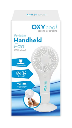 OXYcool portable handheld fan packaging on a white background