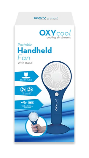 OXYcool handheld fan packaging on a white background