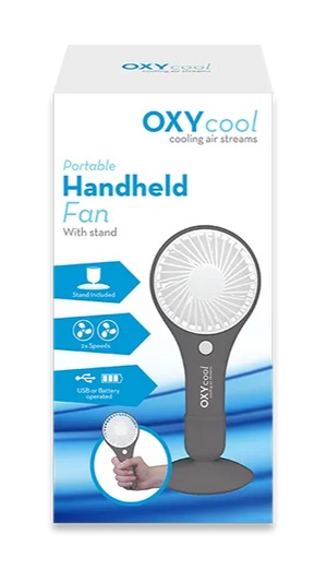OXYcool handheld fan packaging on a white background