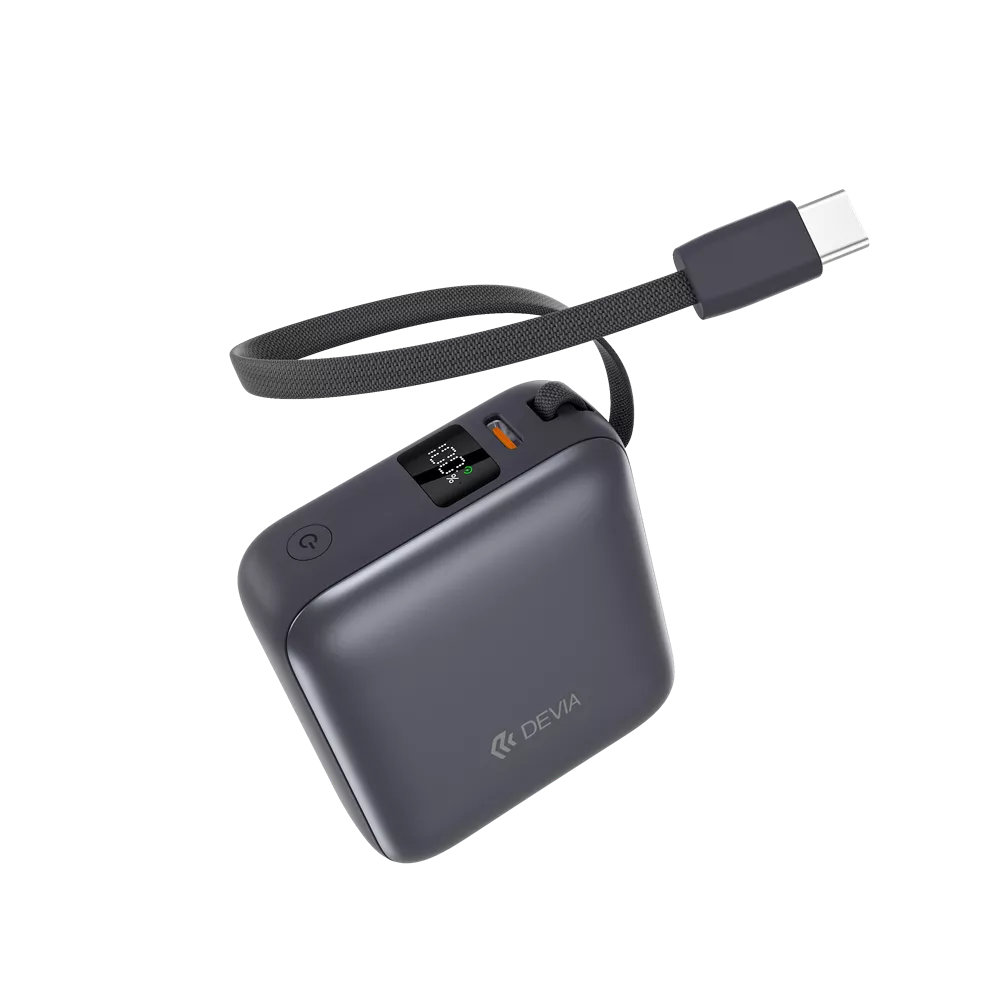 Devia 10,000mAh 35W PD Digital Display Powerbank With Built In USB-C Cable Grey