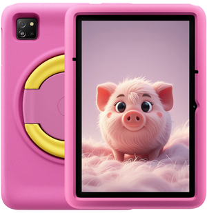 Pink tablet case with a cartoon pig design on a white background
