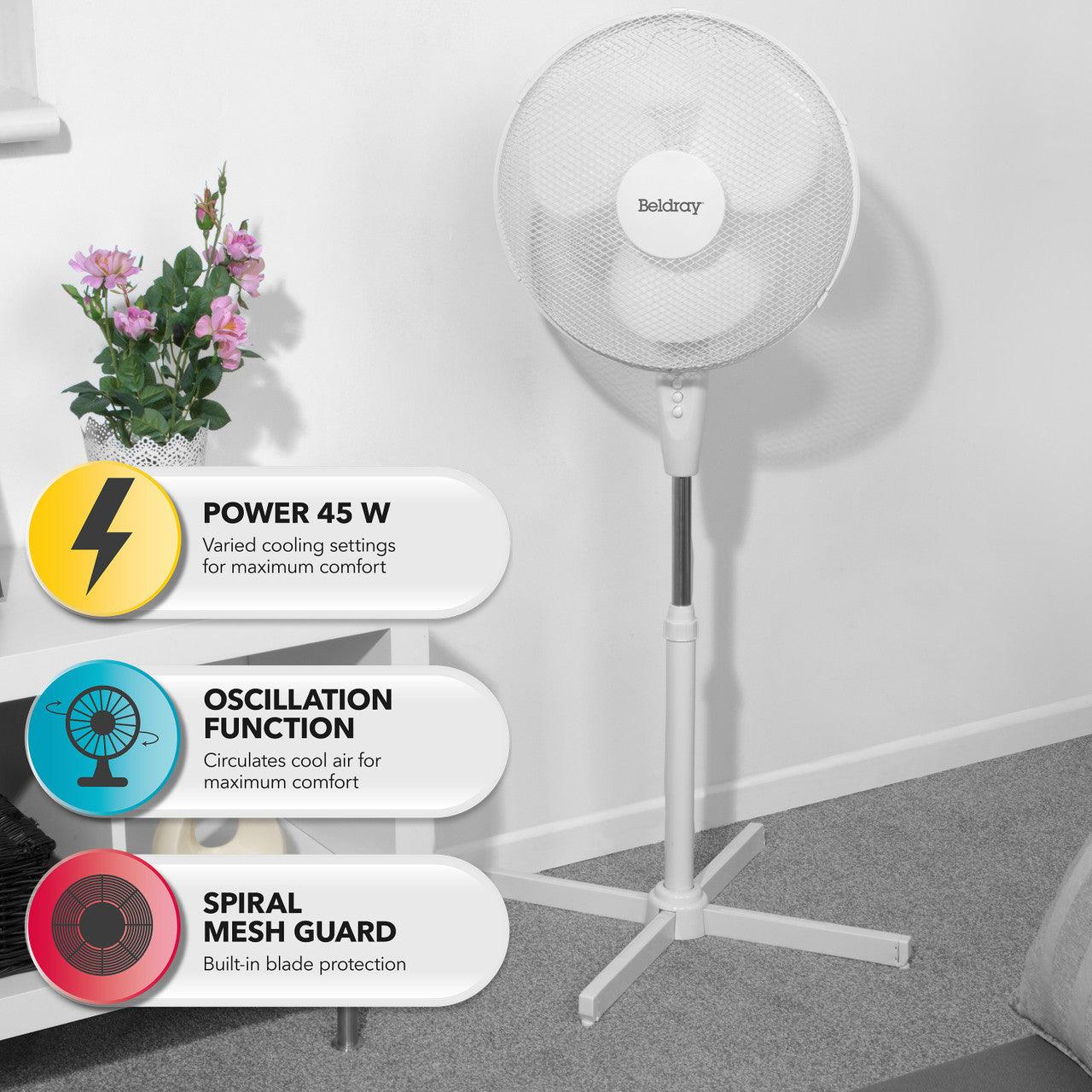 Beldray 16 Inch Pedestal Stand Fan With Adjustable Head Height, 45W, White
