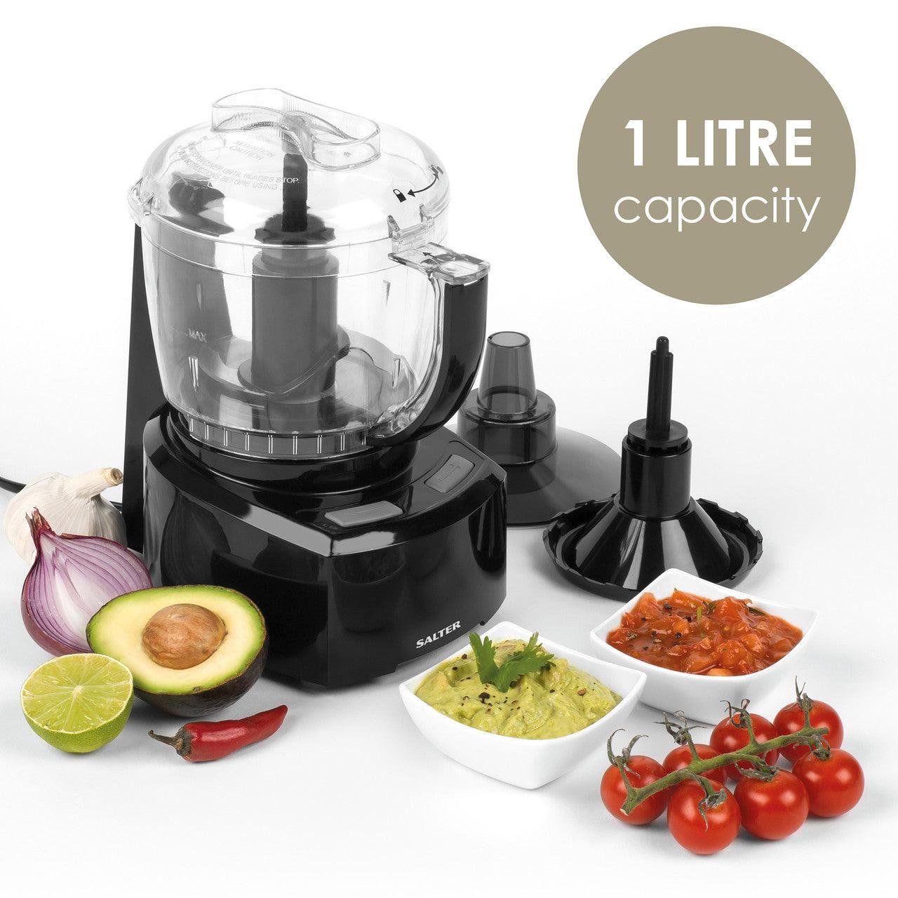 Salter Mini Food Processor - Prep Pro Compact Food Mixer, Electric Vegetable Chopper, 1L BPA-Free Plastic Easy Pour Jug, Stir, Mix, Blend, Chop, Whip & Grind, Stainless Steel Blade, 200W, Black