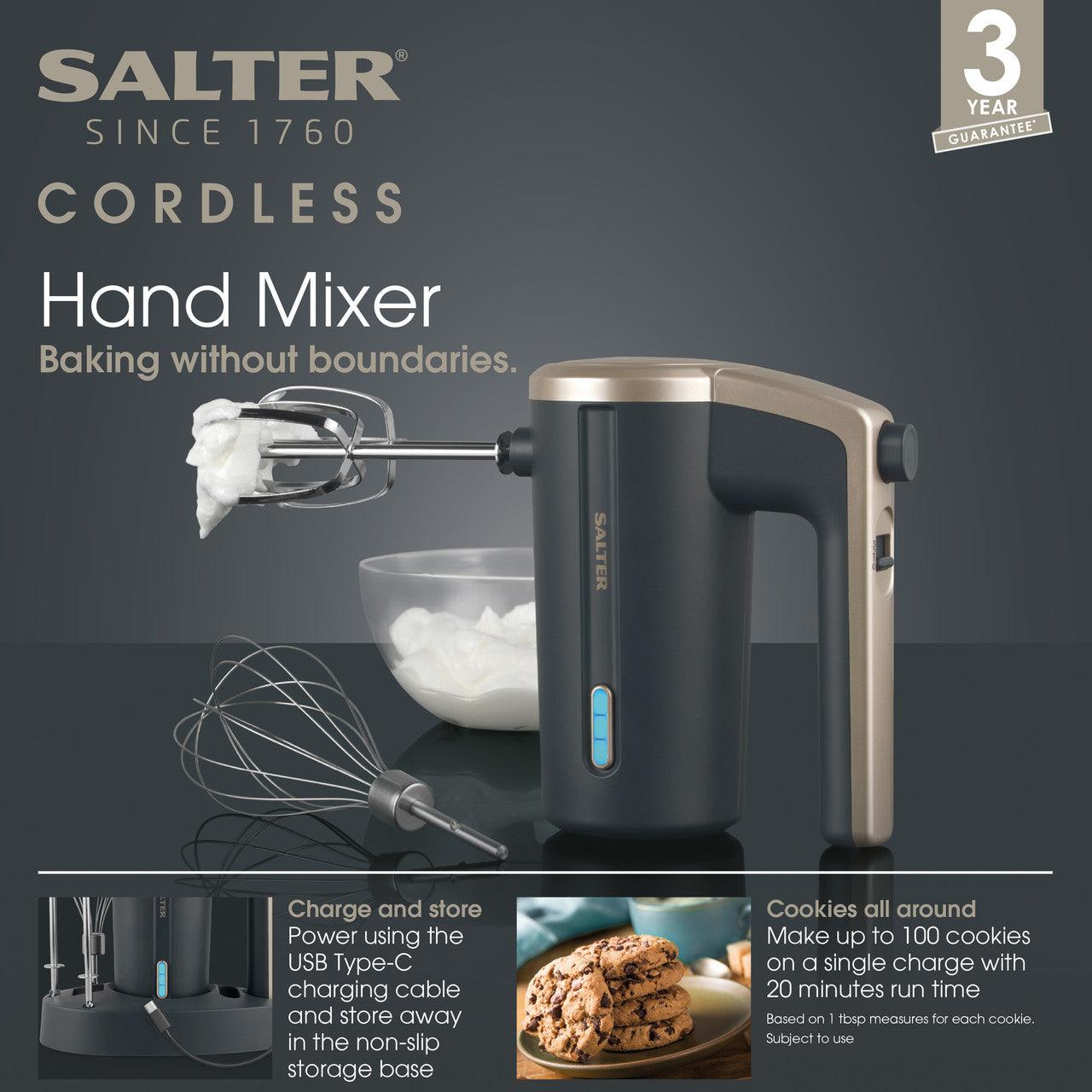 Salter Cordless Hand Mixer - 3 Speeds & Eject Function, Stainless Steel Balloon Whisk & Mixing Beater, Rechargeable 7.2V Battery, Non-Slip Storage Base, LED Indicator, Type C Charging Cable