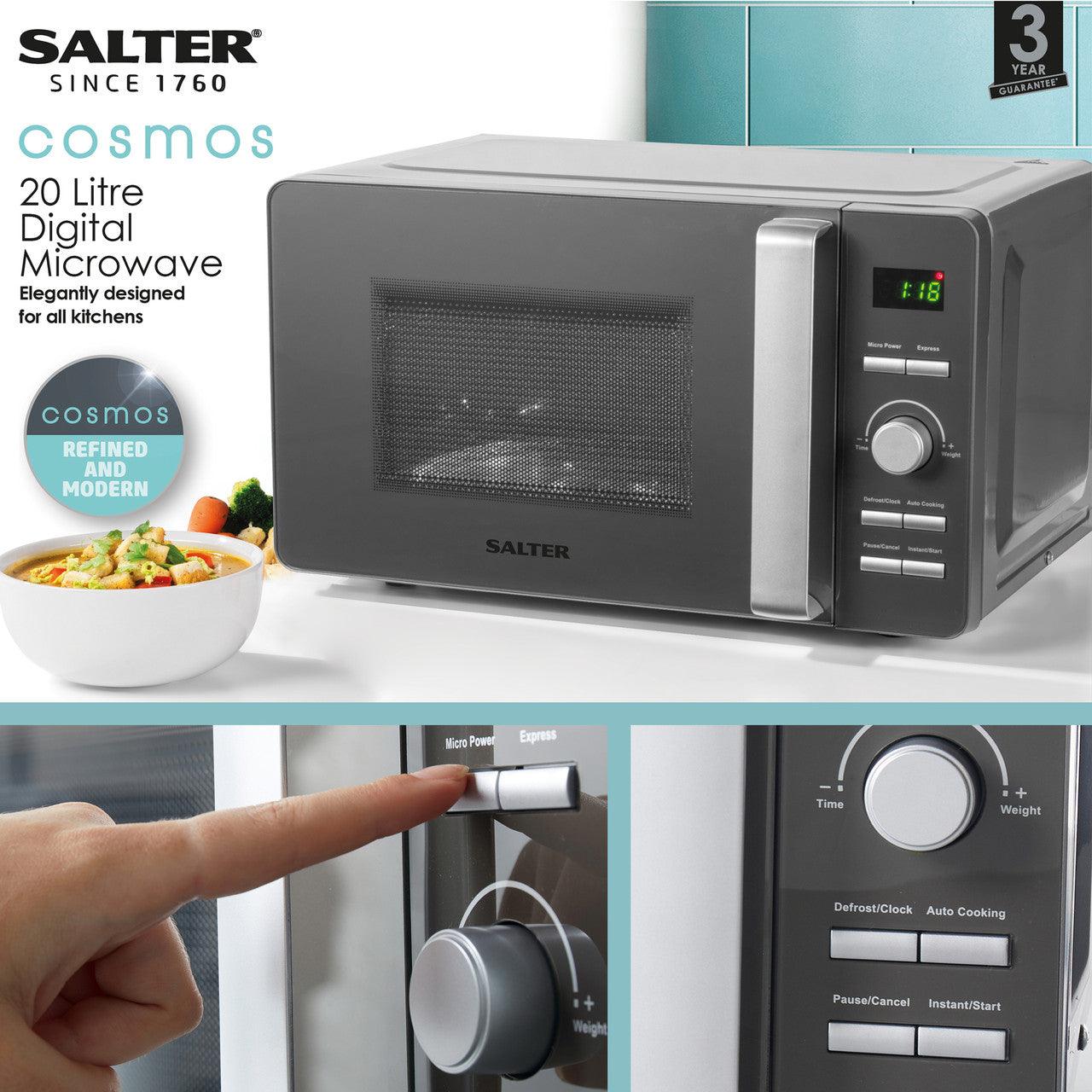 Salter Cosmos 20L Digital Microwave – 27cm Glass Turntable For Even Cooking, Auto Cook Programmes & Defrost Settings, 60 Minute Timer Dial, LED Display,800W, 33(D)x44(W)x34cm(H)