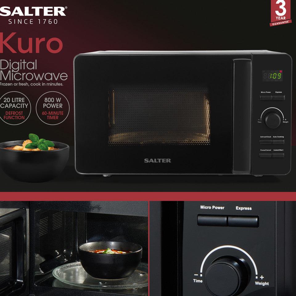 Salter Kuro 20L Digital Microwave – 800 W Solo Freestanding Microwave Oven With 27 cm Rotating Turntable, LED Clock Display Screen, Adjustable Time/Weight Dial, 60 Minute Timer, Black