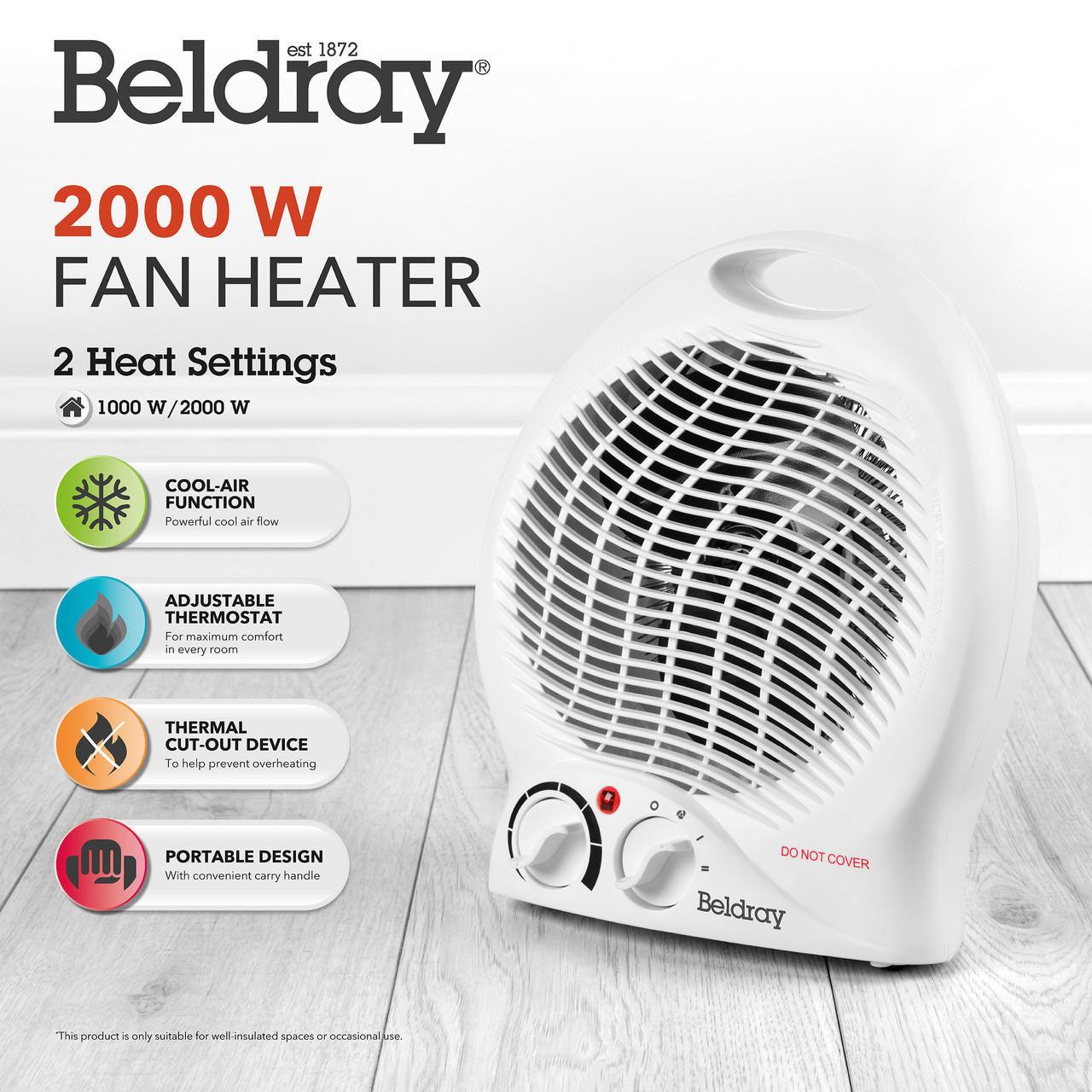 Beldray Electric Quiet Fan Heater – 2 Heat Settings, Cool Air Function, 1000/2000W
