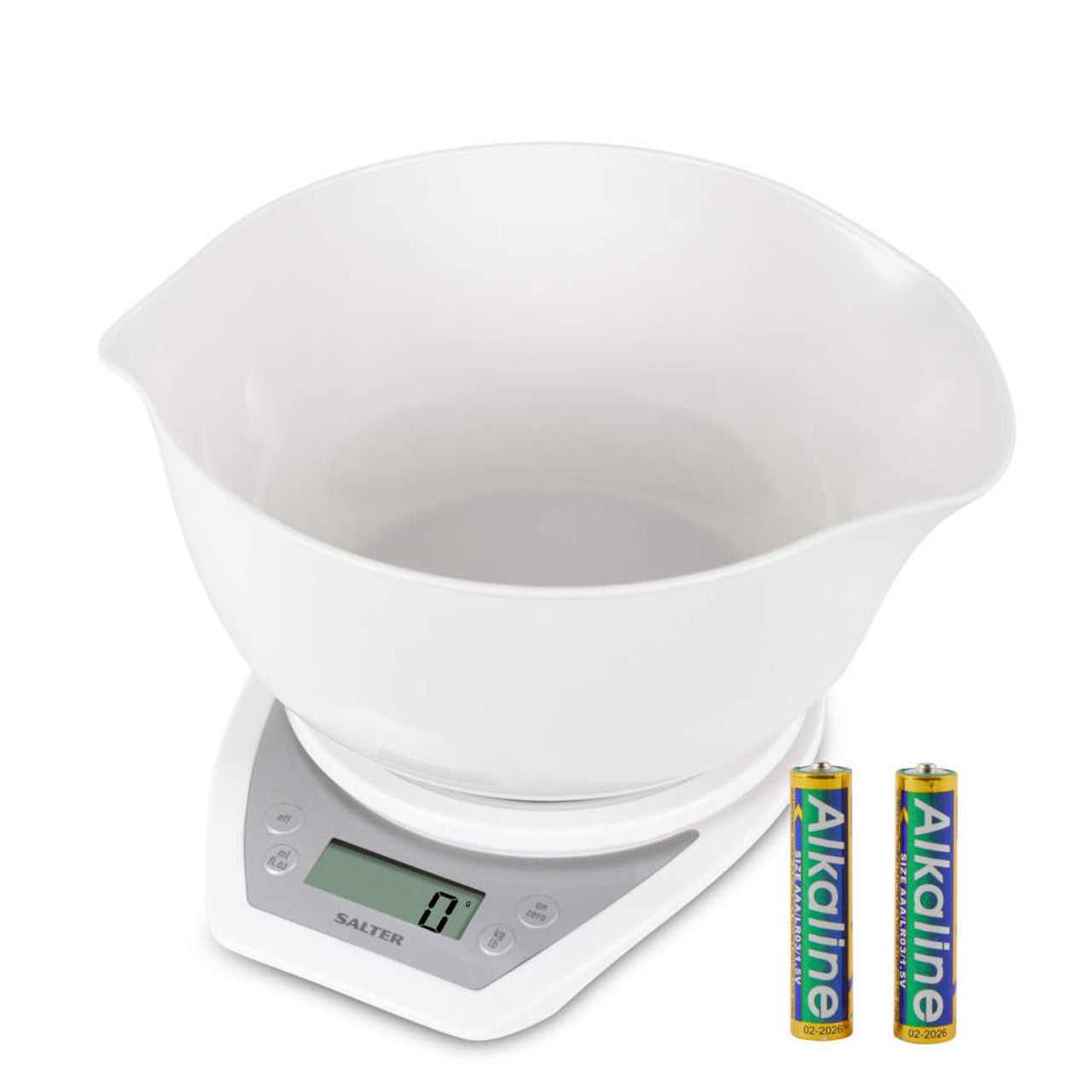 Salter Dual Pour Digital Kitchen Scale - Includes 2L Mixing Bowl, Wide & Narrow Pouring Spouts for Wet & Dry Ingredients, Measure Liquids, Add & Weigh, Easy Read LCD Display, 5kg Capacity