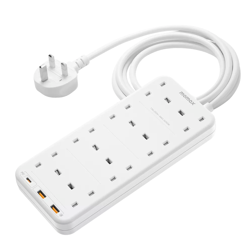 Momax - OnePlug - 8-Outlet Extension Plug Socket Power Strip - USB-C & 2x USB - White
