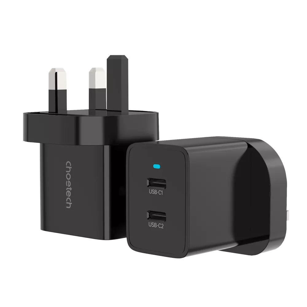 Choetech - 40W Dual USB-C Power Delivery & USB 3-Pin UK Charging Plug - Black
