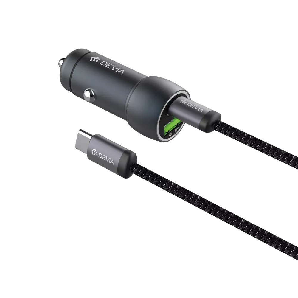 Devia 30W Power Delivery USB-C & Qualcomm 3.0 USB Port Car Adapter& 1.2m USB-C to USB-C Cable Black