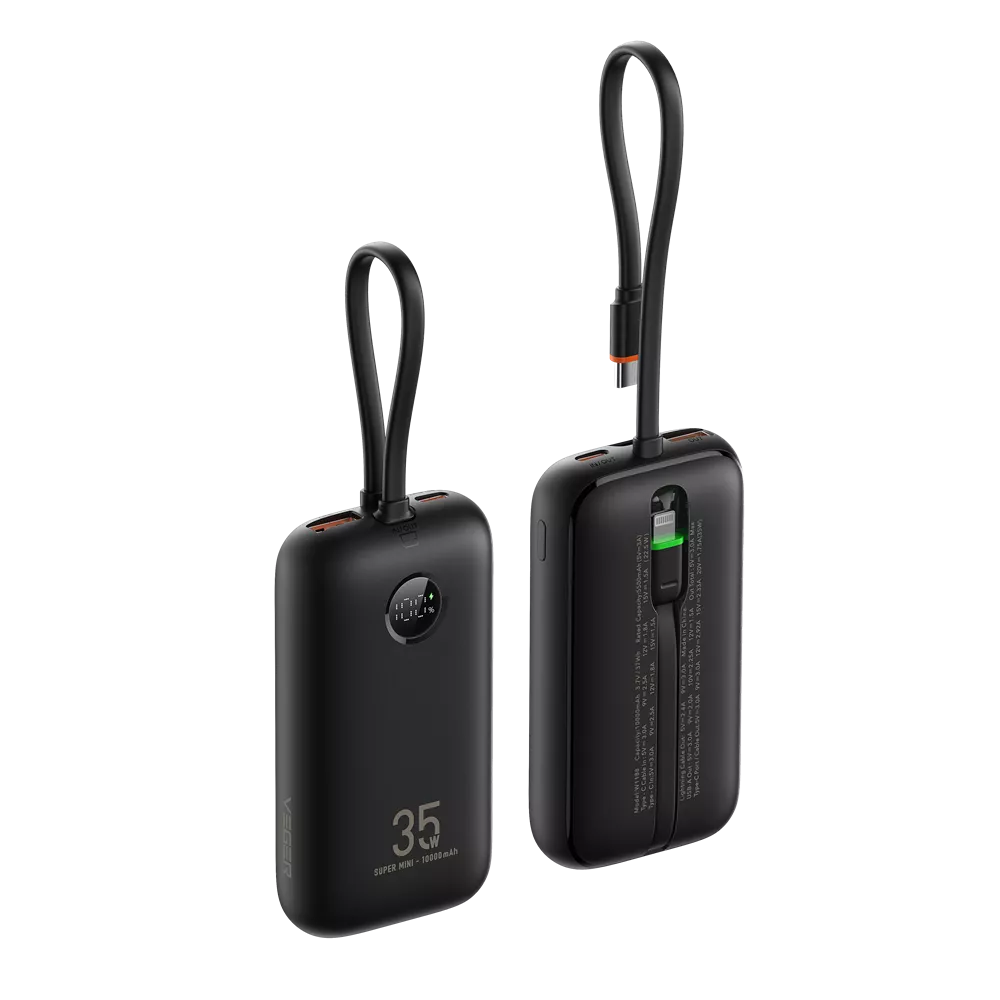Veger 10,000mAh 35W PD Digital Display Powerbank With Built In Lightning & USB-C Cable Black