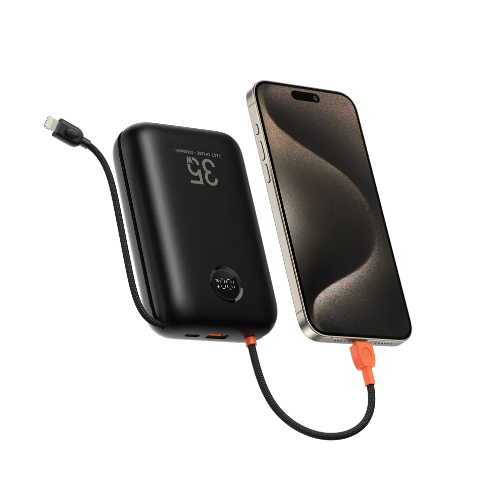 Veger 30,000mAh 35W PD Digital Display Powerbank With Built InNon-MFI Lightning & USB-C Cable Black