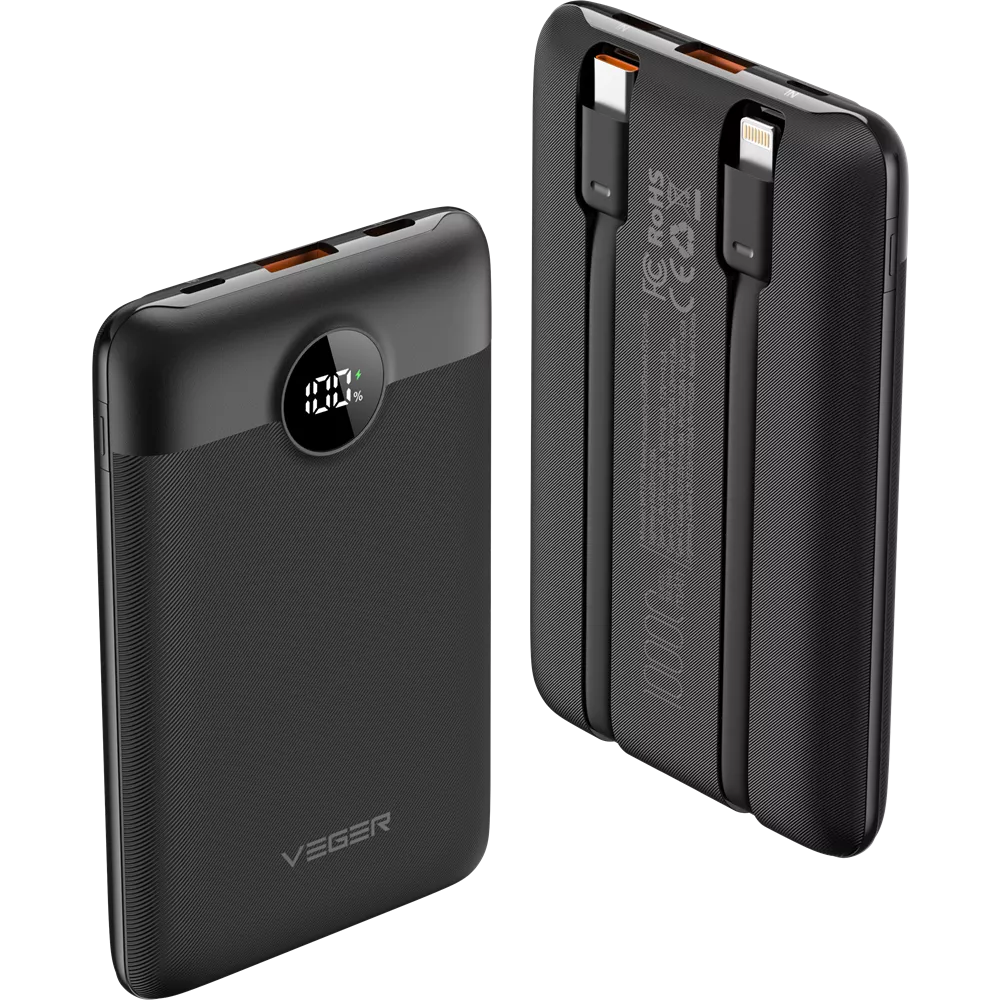 Veger - C11 - 10,000mAh 22.5W PD Digital Display Light Weight Powerbank With Built In Non-MFI Lightning & USB-C Cable - Black