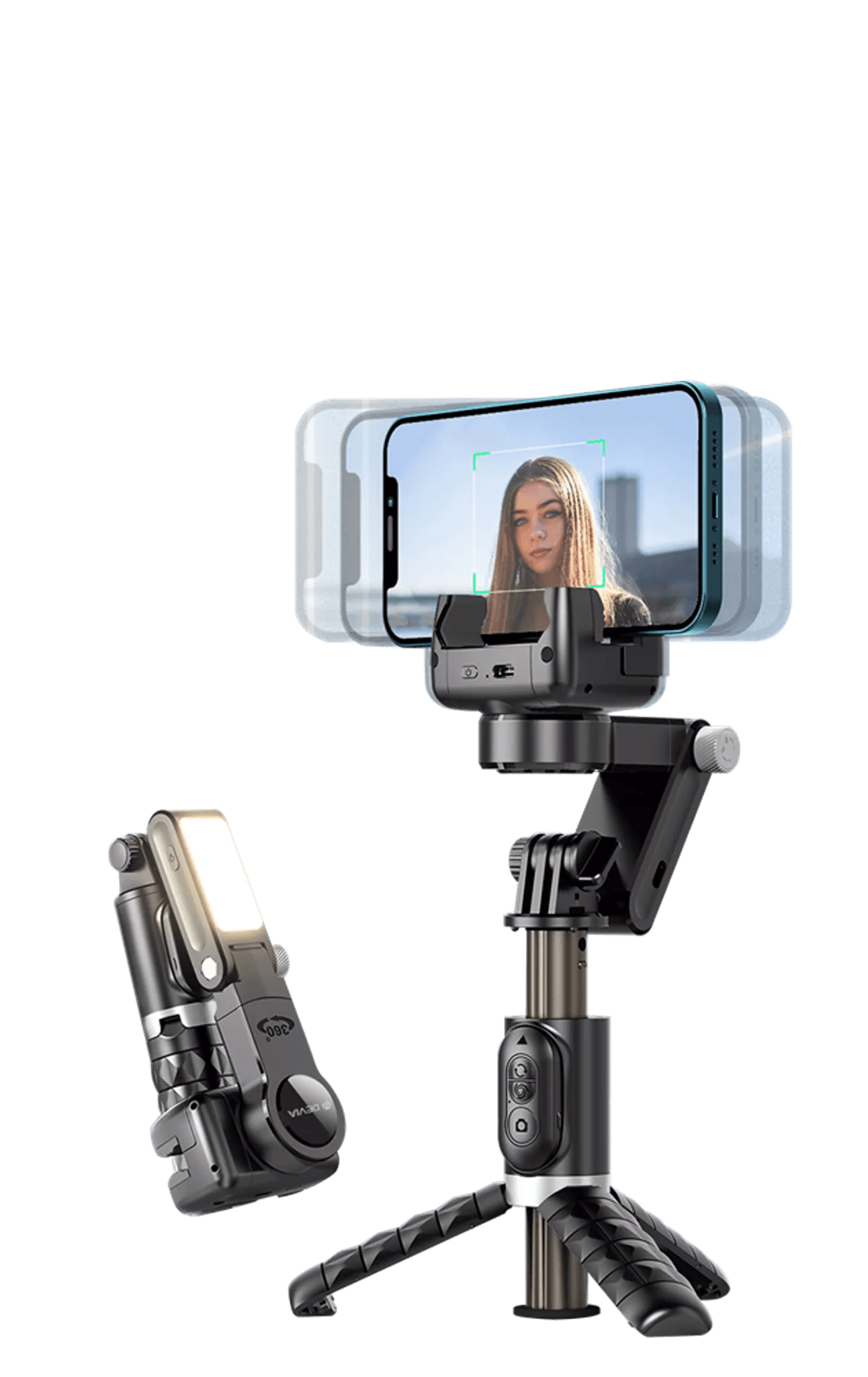 Devia - Handheld Gimbal Stabiliser Bluetooth Selfie Stick, Tripod, Light Bar & Remote Control - Black