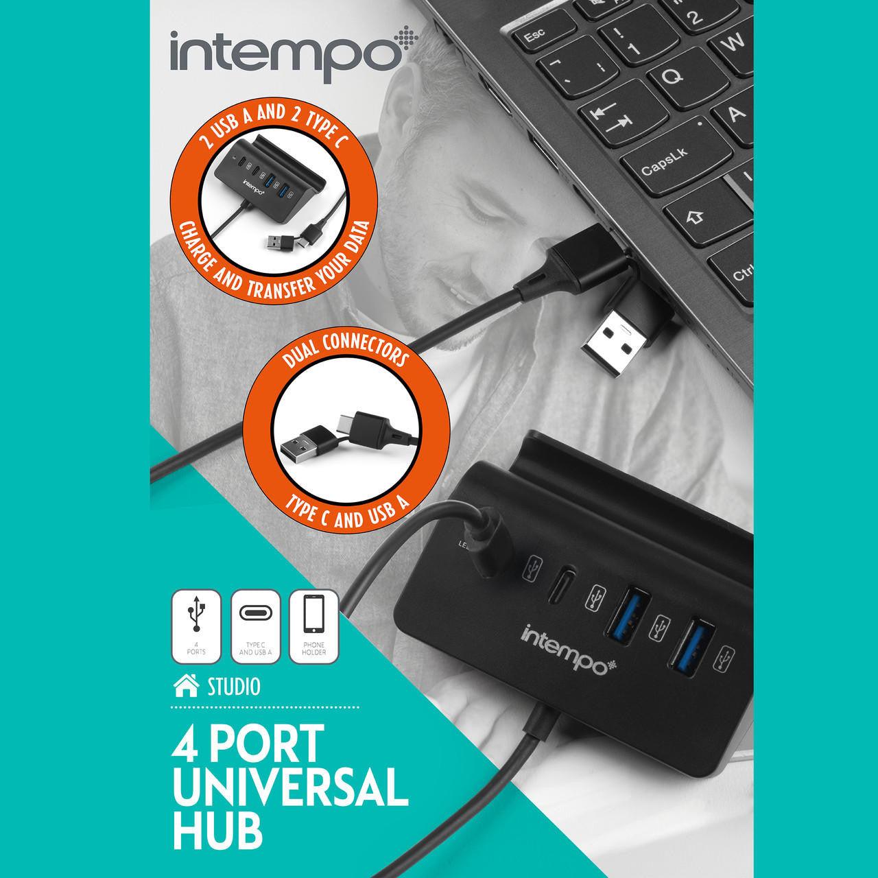 Intempo 4 Port USB Data Hub and Phone Holder- Connect Multiple Devices at Once, Portable USB Adapter Compatible With Most Laptops & Computers, Type-C Connector