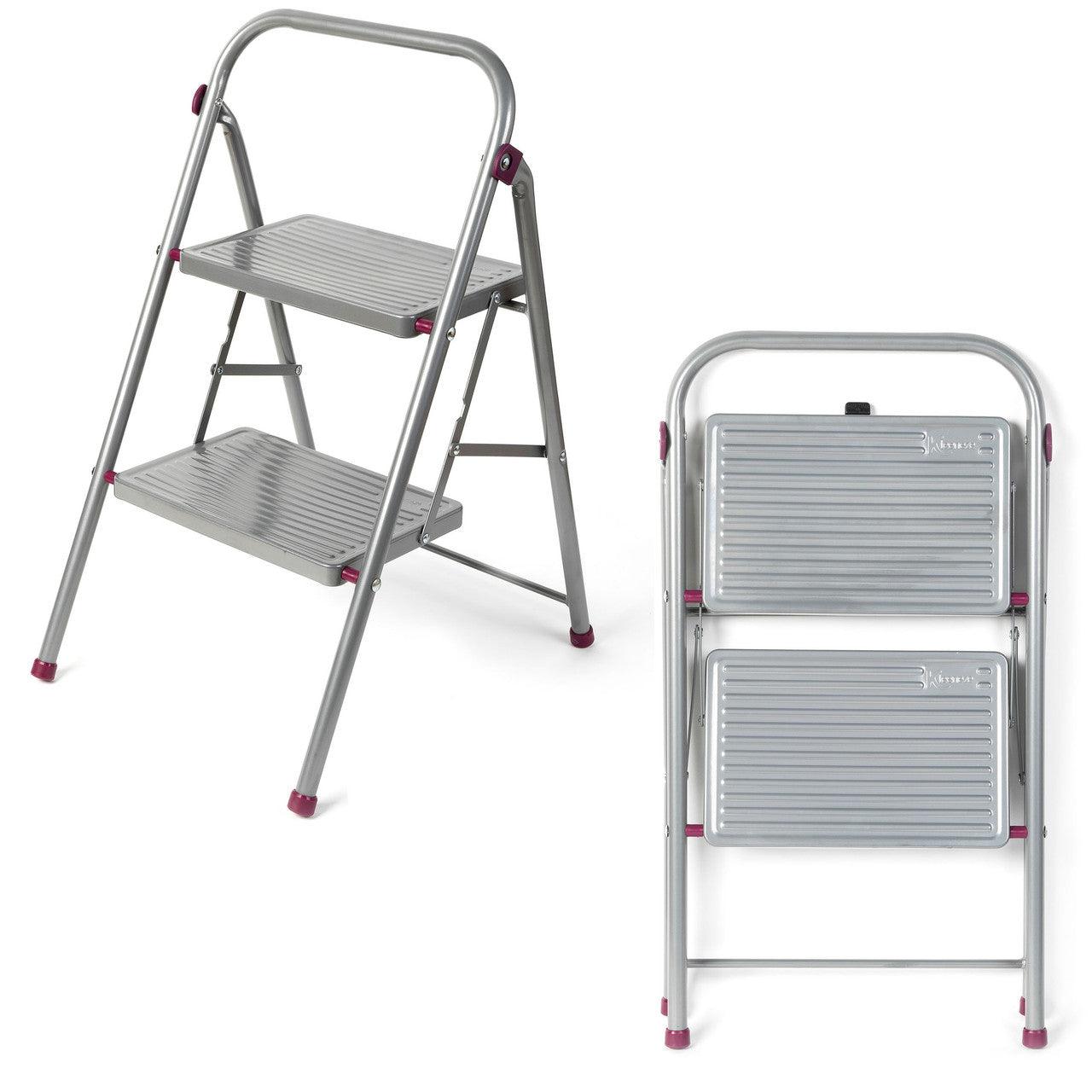 Kleeneze 2-Step Folding DIY Stepladder, Portable Ladder with Non-Slip Feet, Collapsible for Compact Storage, Lightweight Steps, Strong Steel Structure with Safety Clip, 150kg Capacity, 80cm